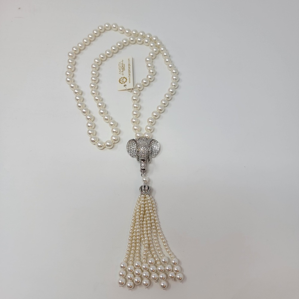 NWT Amrita Singh Silver Elephant Green Eyes Pearl Tassel 19" Statement Necklace